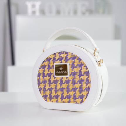 Moradok “Cherry Pop” Bamboo Handmade Bag – Round Violet & Yellow Crossbody | 100% Handmade Eco-Friendly Thai Designer Bag