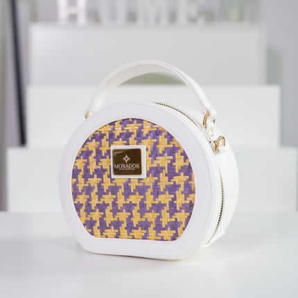 Moradok “Cherry Pop” Bamboo Handmade Bag – Round Violet & Yellow Crossbody | 100% Handmade Eco-Friendly Thai Designer Bag