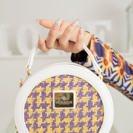 Moradok “Cherry Pop” Bamboo Handmade Bag – Round Violet & Yellow Crossbody | 100% Handmade Eco-Friendly Thai Designer Bag