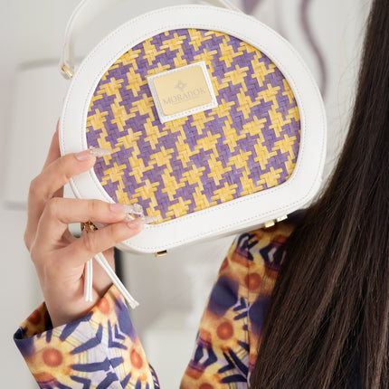 Moradok “Cherry Pop” Bamboo Handmade Bag – Round Violet & Yellow Crossbody | 100% Handmade Eco-Friendly Thai Designer Bag