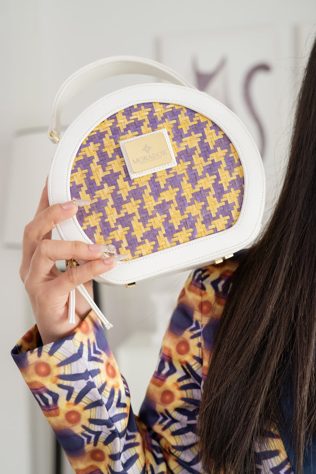 Moradok “Cherry Pop” Bamboo Handmade Bag – Round Violet & Yellow Crossbody | 100% Handmade Eco-Friendly Thai Designer Bag