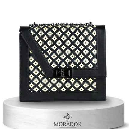 Moradok “Onyx” Bamboo Handmade Bag – Elegant Black & White Woven Shoulder Bag | 100% Handmade Eco-Friendly Thai Designer Handbag