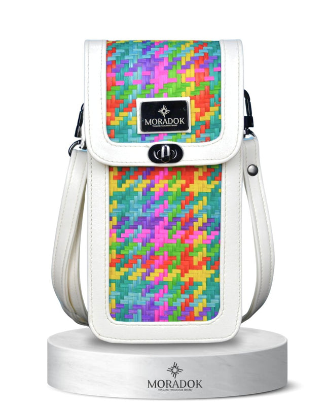 Moradok “Trendy Phone Bag – Rainbow Edition” Bamboo Handmade Crossbody | 100% Handmade Eco-Friendly Thai Designer Bag (Vibrant Multicolor Weave)