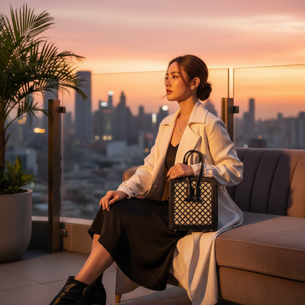 Moradok “Bamboo Cross” Handmade Bag – White & Black Eco-Friendly Bamboo Crossbody | 100% Handmade Thai Artisan Bag