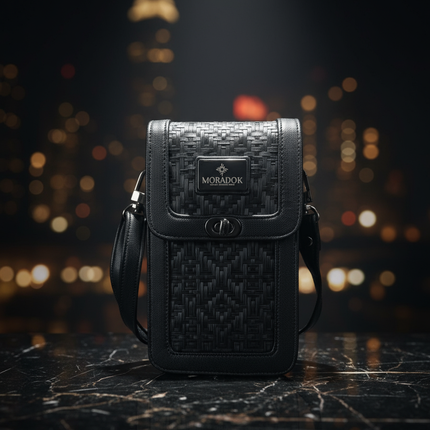 Moradok “Trendy Phone Bag” Bamboo Handmade Crossbody – All Black Original Pattern | 100% Handmade Eco-Friendly Thai Designer Bag