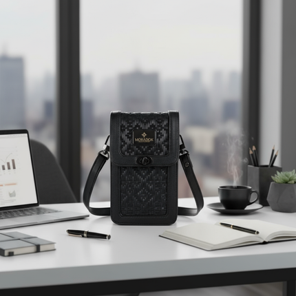 Moradok “Trendy Phone Bag” Bamboo Handmade Crossbody – All Black Original Pattern | 100% Handmade Eco-Friendly Thai Designer Bag