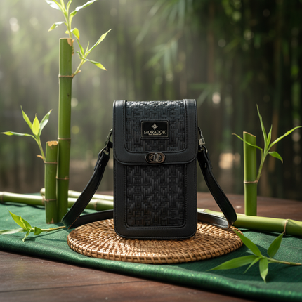 Moradok “Trendy Phone Bag” Bamboo Handmade Crossbody – All Black Original Pattern | 100% Handmade Eco-Friendly Thai Designer Bag