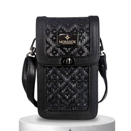 Moradok “Trendy Phone Bag” Bamboo Handmade Crossbody – All Black Original Pattern | 100% Handmade Eco-Friendly Thai Designer Bag