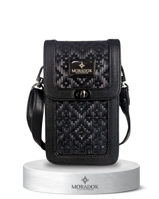 Moradok “Trendy Phone Bag” Bamboo Handmade Crossbody – All Black Original Pattern | 100% Handmade Eco-Friendly Thai Designer Bag