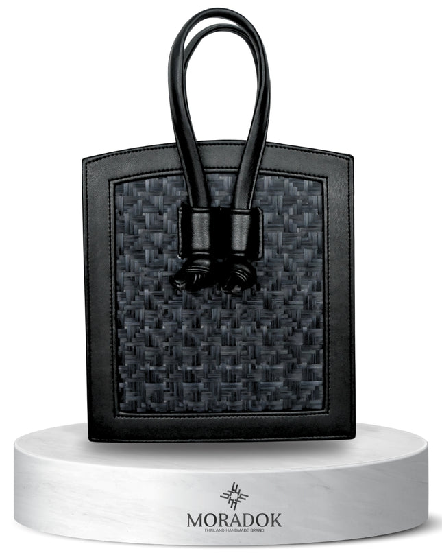 Moradok “Bamboo Cross – All Black” Handmade Bag | Premium Eco-Friendly Bamboo & Leather Tote | 100% Handmade Thai Designer Bag