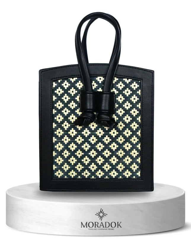 Moradok “Bamboo Cross” Handmade Bag – White & Black Eco-Friendly Bamboo Crossbody | 100% Handmade Thai Artisan Bag